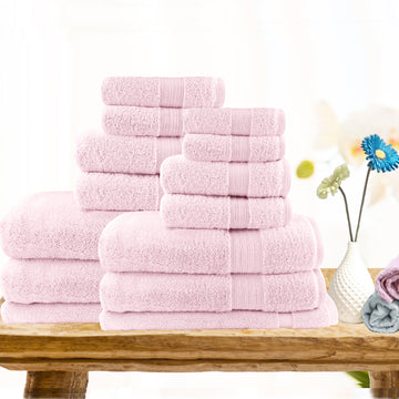 NNEDSZ 14pc light weight soft cotton bath towel set baby pink-0