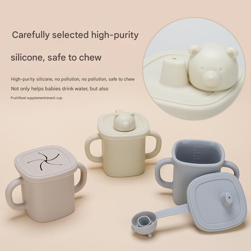 NNEDSZ Light Brown Silicone Baby Training Cup with Dual Handles, Duck-Bill & Snack Cup Lids, Spill-Proof & Drop-Proof-1