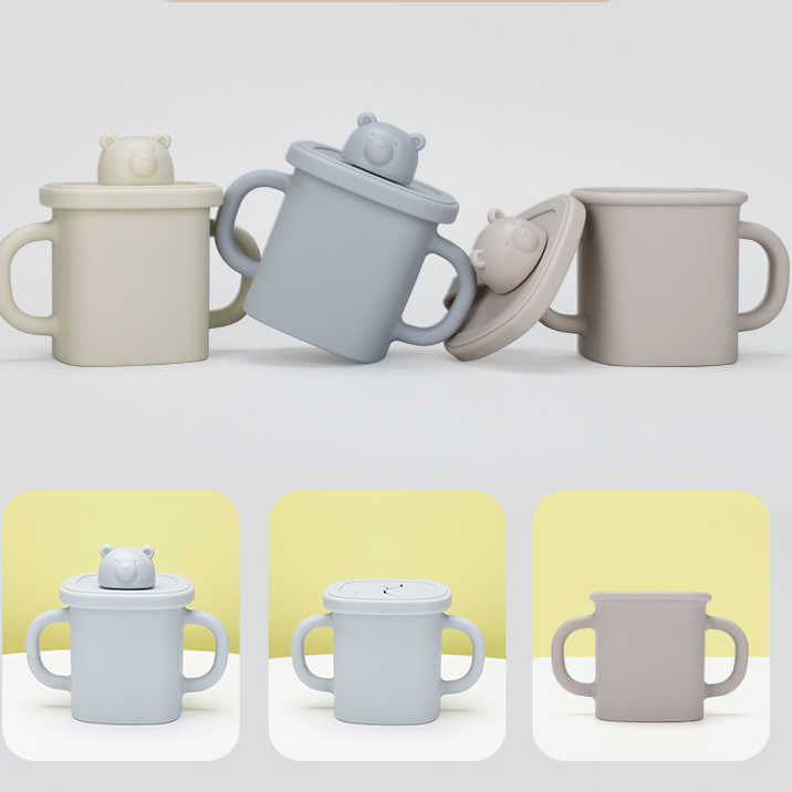 NNEDSZ Light Brown Silicone Baby Training Cup with Dual Handles, Duck-Bill & Snack Cup Lids, Spill-Proof & Drop-Proof-2