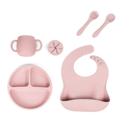 NNEDSZ Pink 1525# Silicone Baby Feeding Set - Suction Plate, Bib, Cup & Utensils | BPA-Free Baby Tableware-0