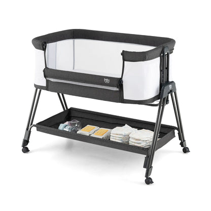 NNECW Easy Folding Portable Baby Crib with 7 Adjustable Heights-Black-1