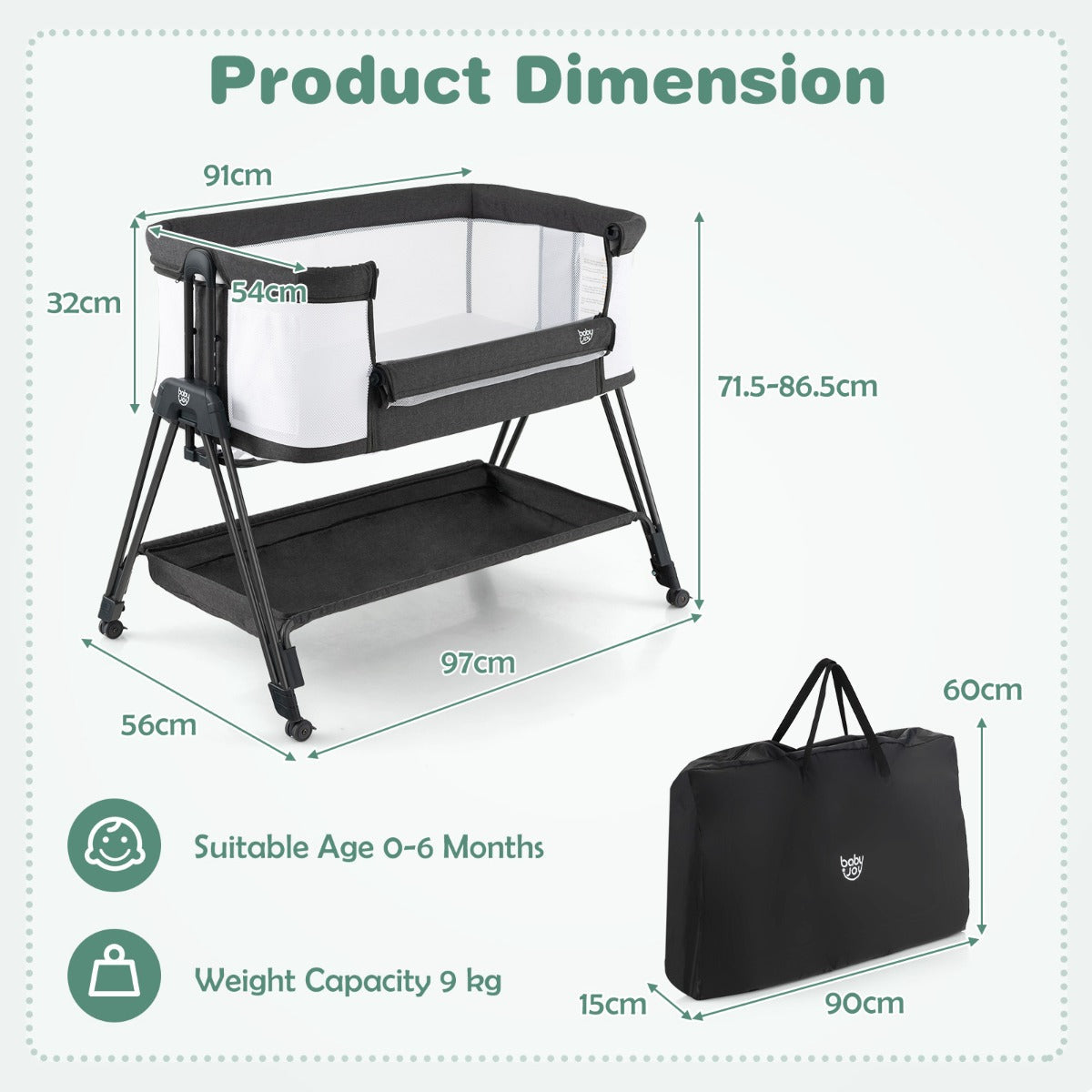NNECW Easy Folding Portable Baby Crib with 7 Adjustable Heights-Black-3