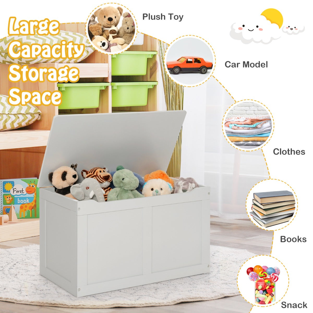 NNECW Wooden Storage Organizer with Safety Hinged Lid for 3-12 Years Old Kids-2
